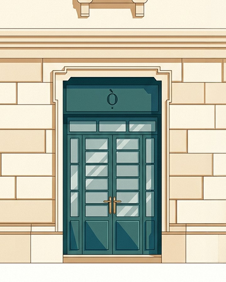 Illustrazione dell’ingresso dello studio Ottanio: una porta a vetri color petrolio in una facciata in pietra